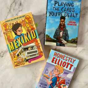 three books for 10 year old boys including Mexikid, honestly elliot and playing the cards you're dealt